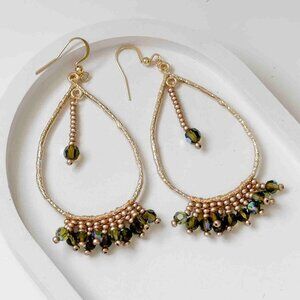 Handmade green and gold beaded crystal fringe earrings